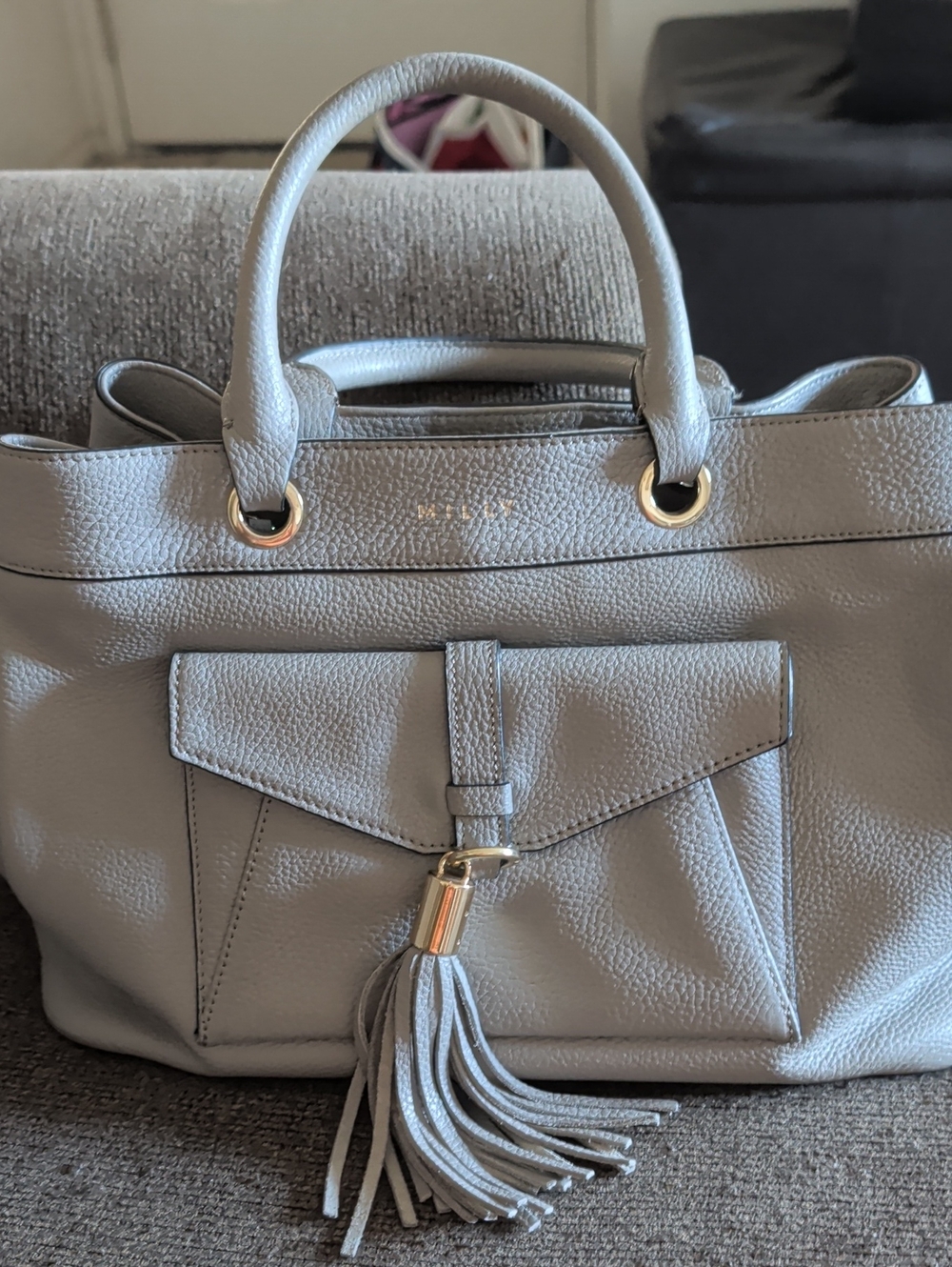 Milly Gray Pebbled Leather Tassel Satchel